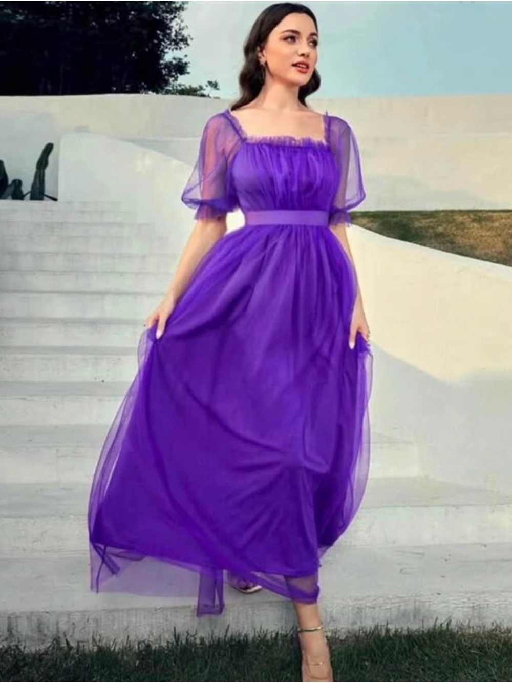 Elegant Purple Puff-Sleeve Maxi Dress